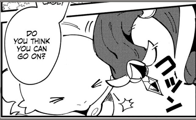 Manga panel 6: the elf's staff bonks the creature's head